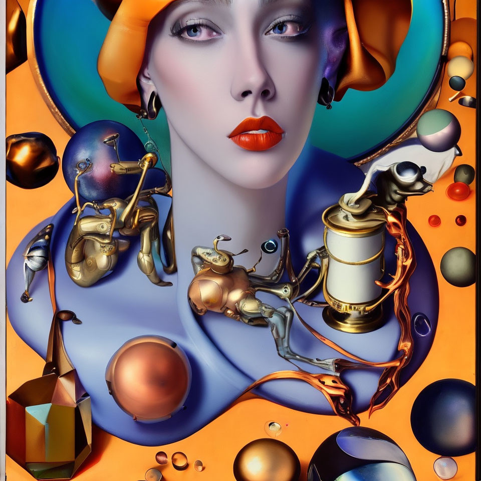 Vibrant surreal portrait with woman and metallic orbs in orange and blue