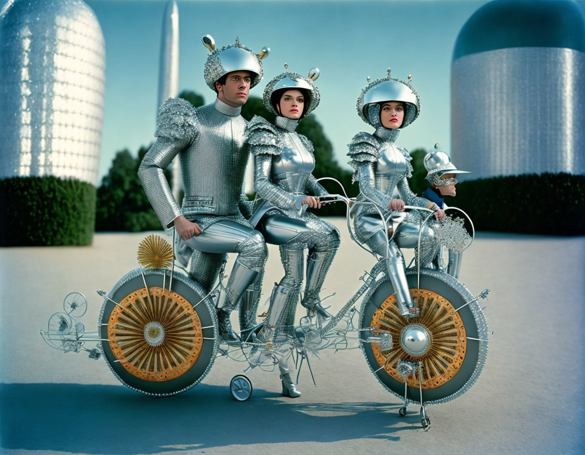 Three individuals in futuristic silver costumes on ornate tandem bicycle