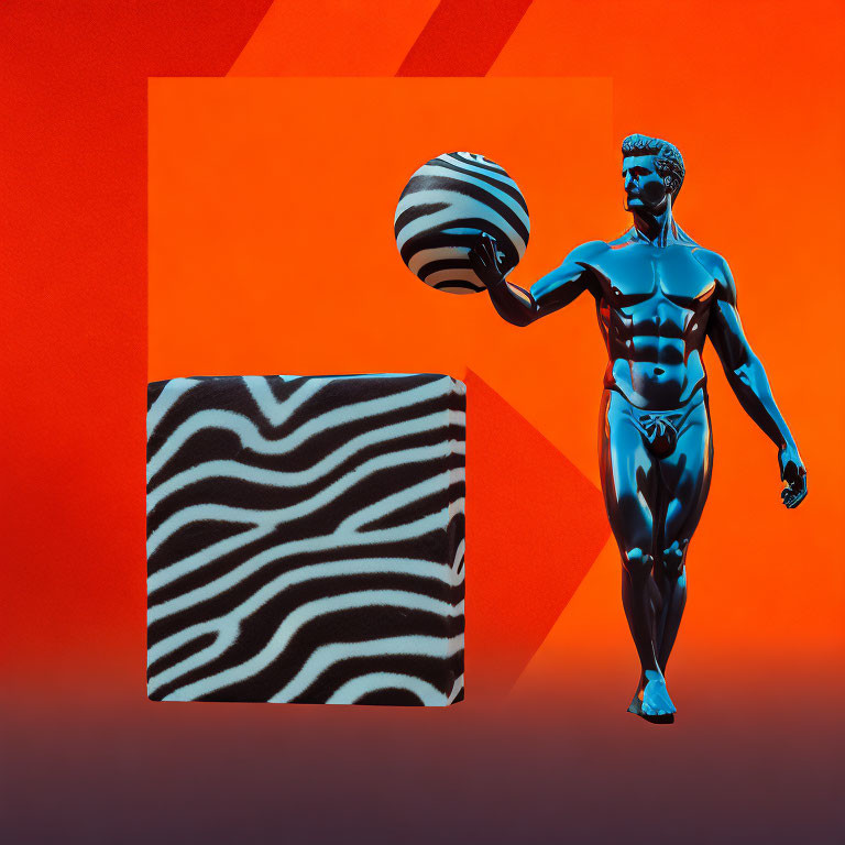 Blue-toned muscular figure spinning striped ball on orange background.