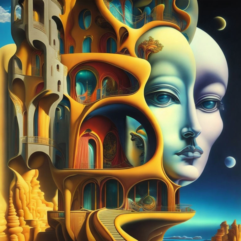 Surrealistic woman's face merged with castle-like architecture on blue sky