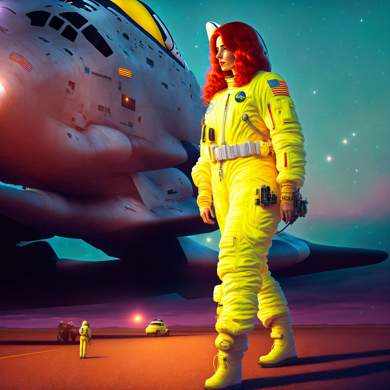 Astronaut in yellow spacesuit by shuttle with starry sky