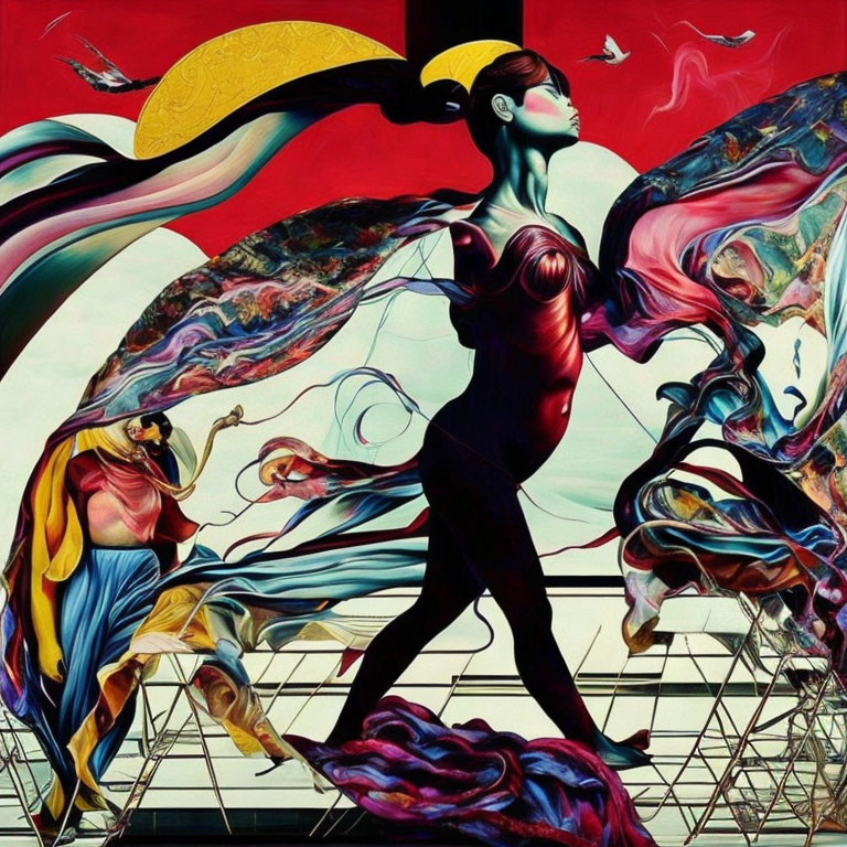 Colorful painting of figure with winged helmet and dynamic forms, evoking movement.