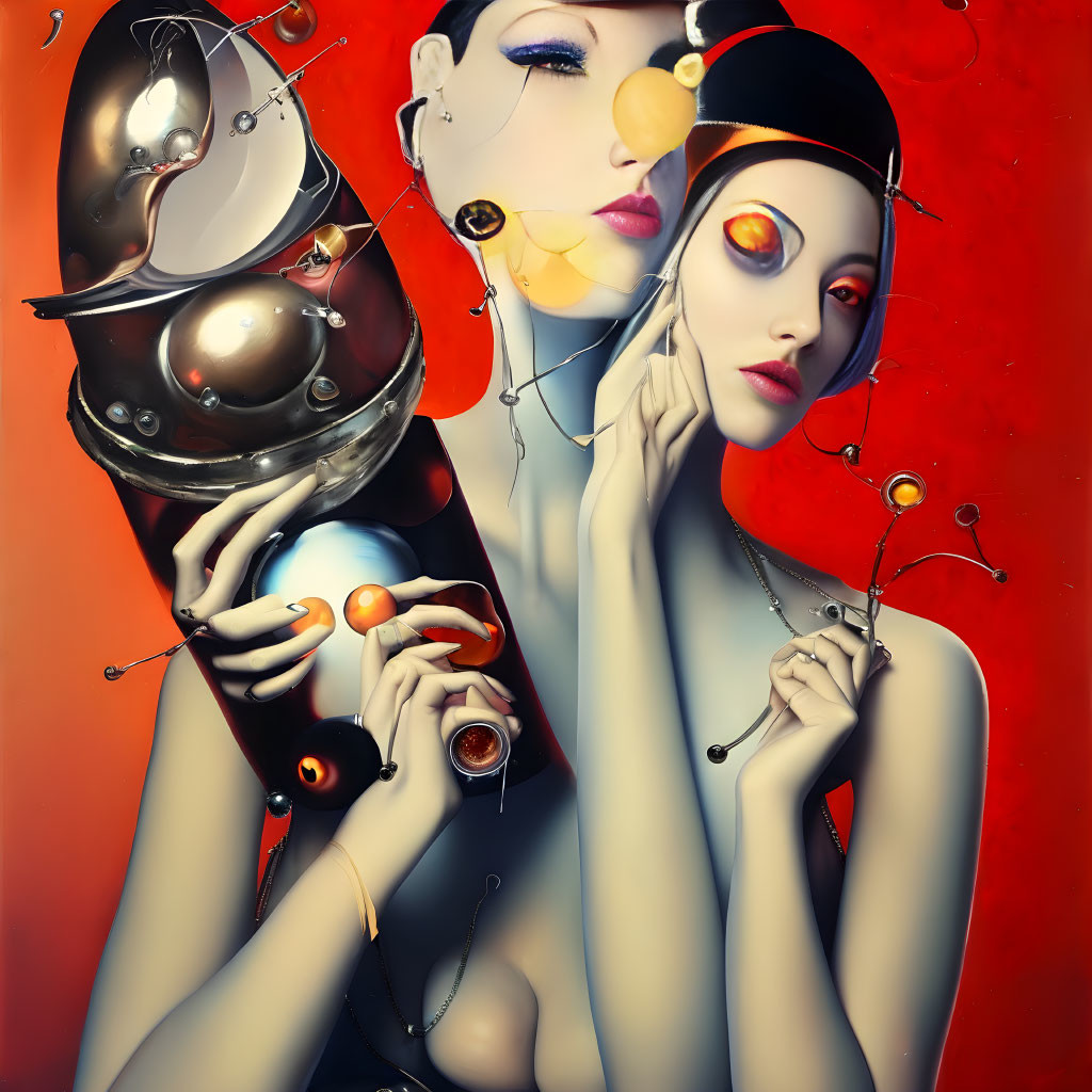 Surreal Artwork: Stylized Figures with Elongated Necks, Orbs,