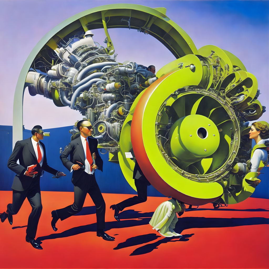 Men in suits and woman with jet engine on surreal background