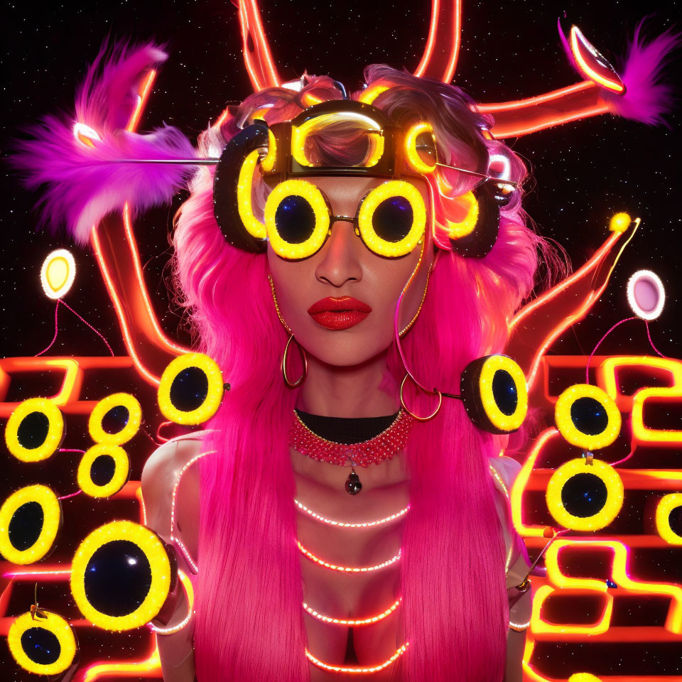 Colorful Woman with Pink Hair and Neon Glasses in Vibrant Light Setting