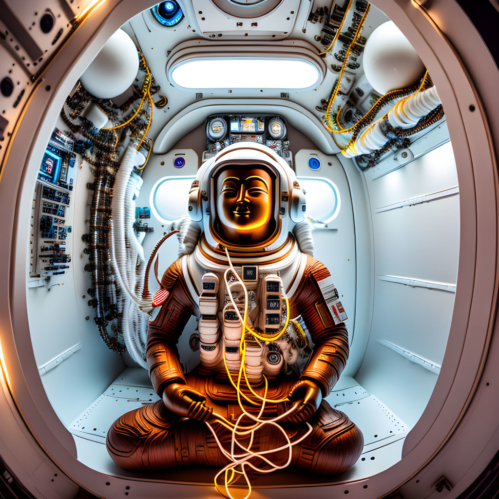 Space capsule interior with astronaut in futuristic setting.