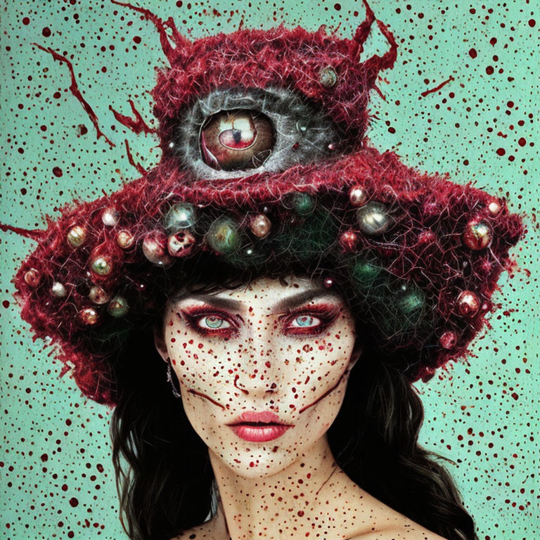 Woman wearing artistic eye hat, pearls, and blood splatter on teal background