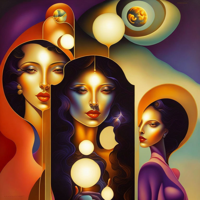 Colorful surrealistic art of three elongated women in fantasy style