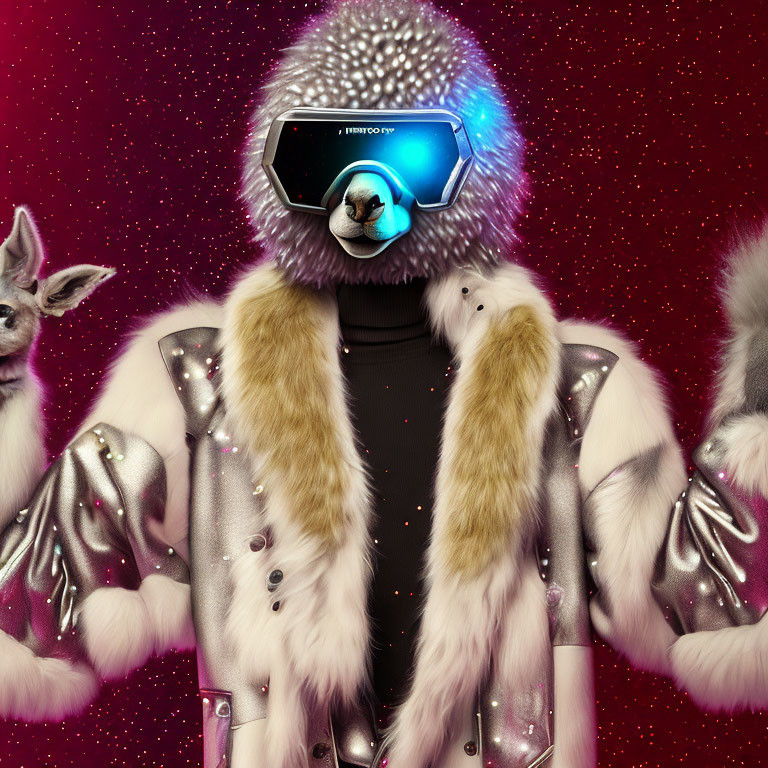 Futuristic VR Goggles and Rabbits on Shimmering Red Jacket