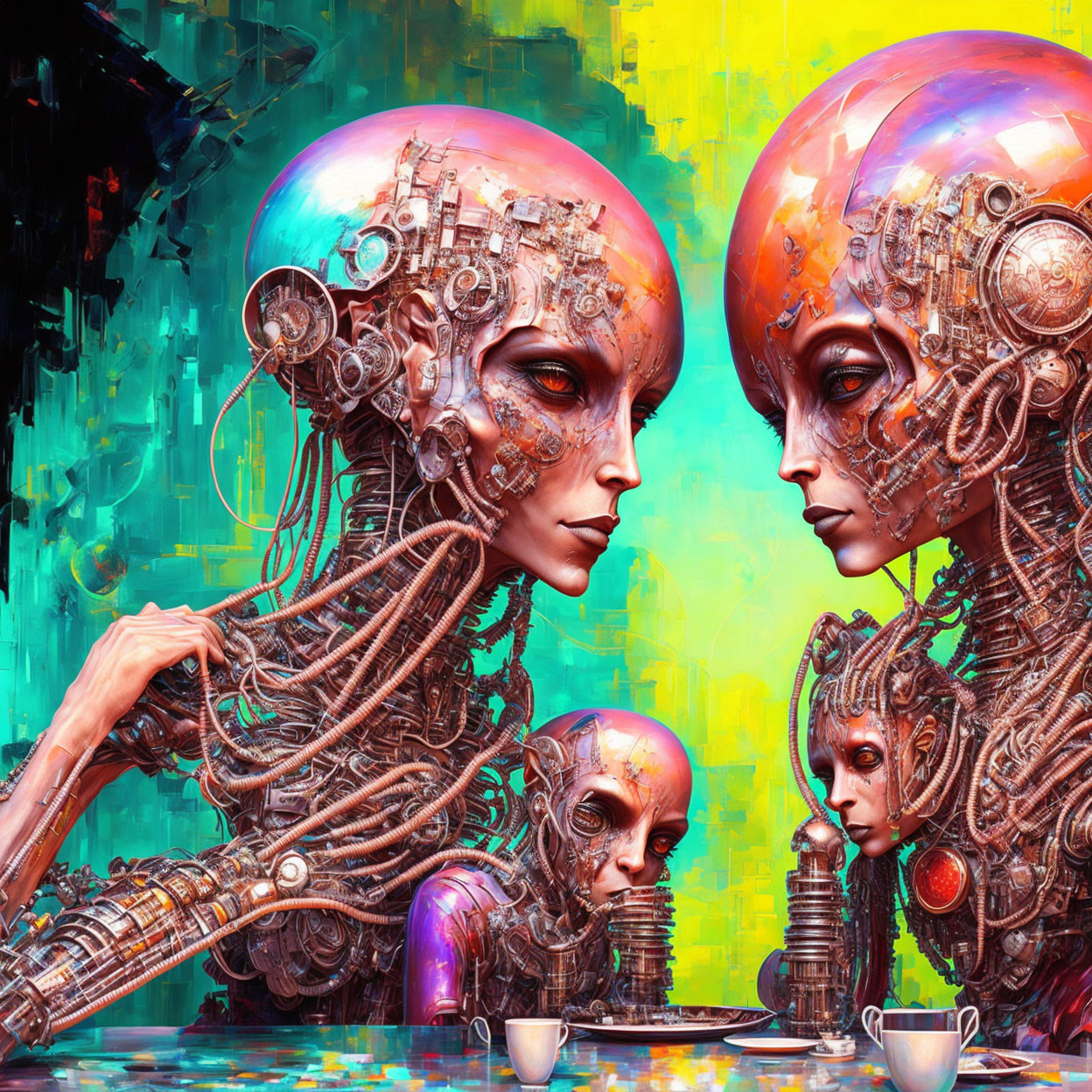 Colorful Artwork: Two Mechanical Beings with Cyborg Heads, Profile View