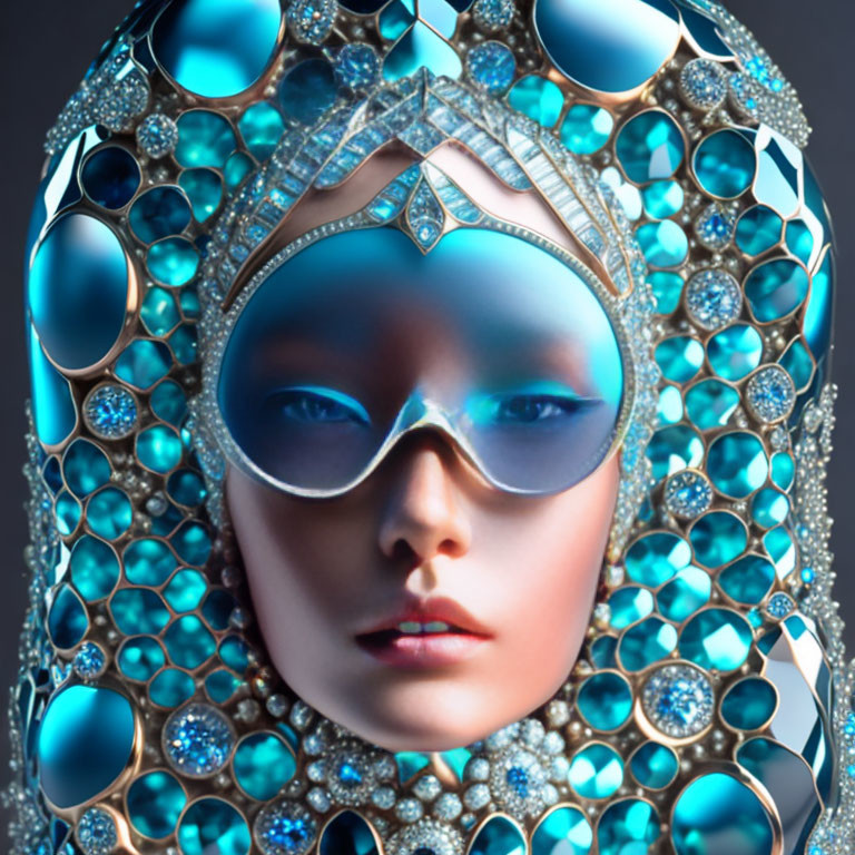 Close-up of person in futuristic ornate headgear with metallic and blue spheres.