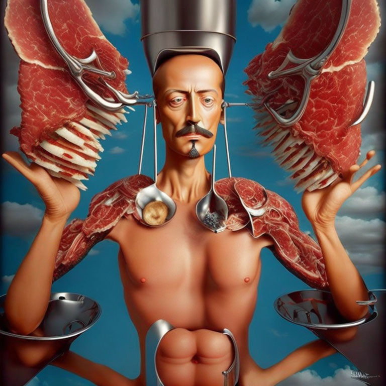 Man with butchered meat wings holding utensils in surreal artwork