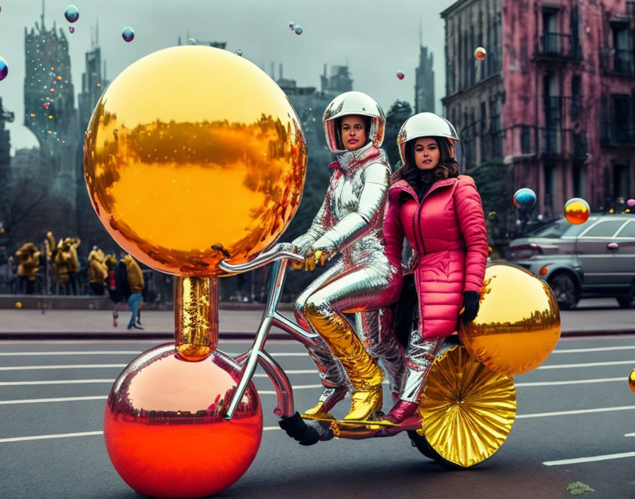 Futuristic duo on oversized tricycle in city street scene