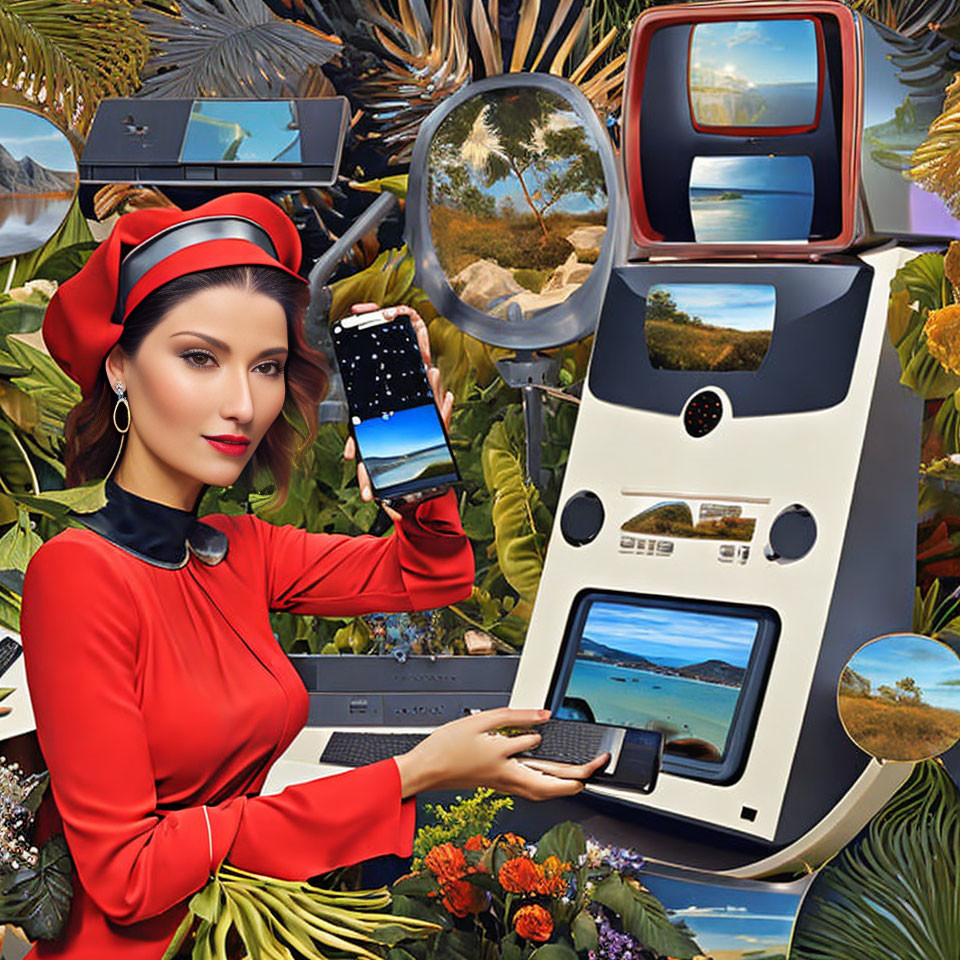 Woman in Red Dress with Smartphone Surrounded by Vintage Computers and Tropical Scenes