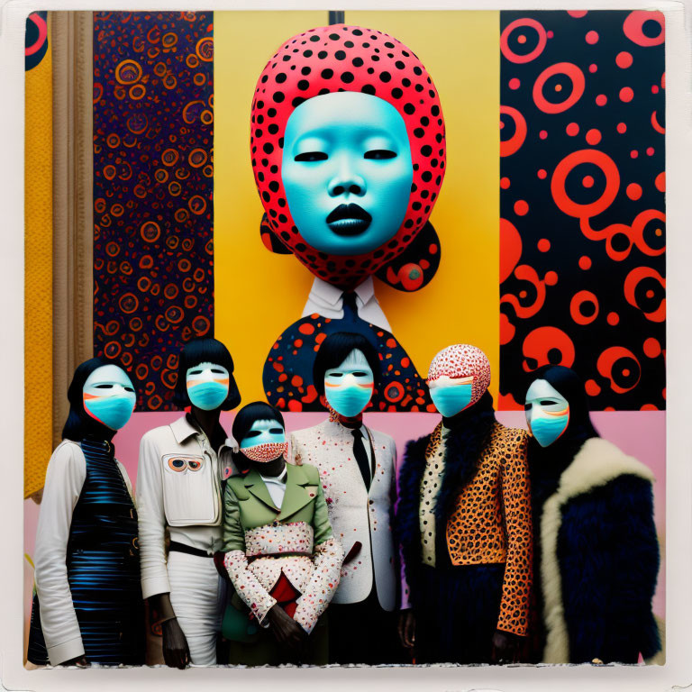 Colorful Artwork Featuring Six Masked Figures