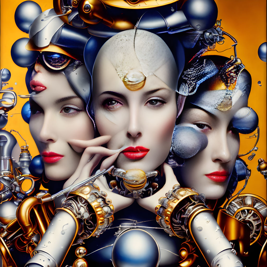 Surreal digital artwork: Three female faces with cyborg enhancements