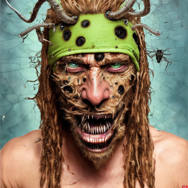 Fantasy character with horns, three eyes, fanged mouth, and dreadlocks wearing a green head