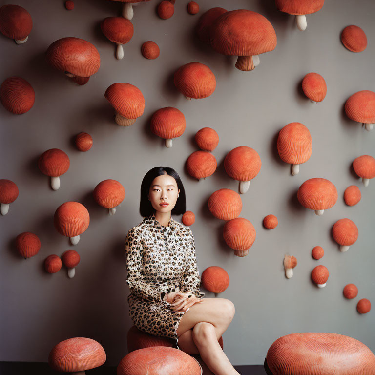 Woman in patterned blouse with red-capped mushrooms on wall