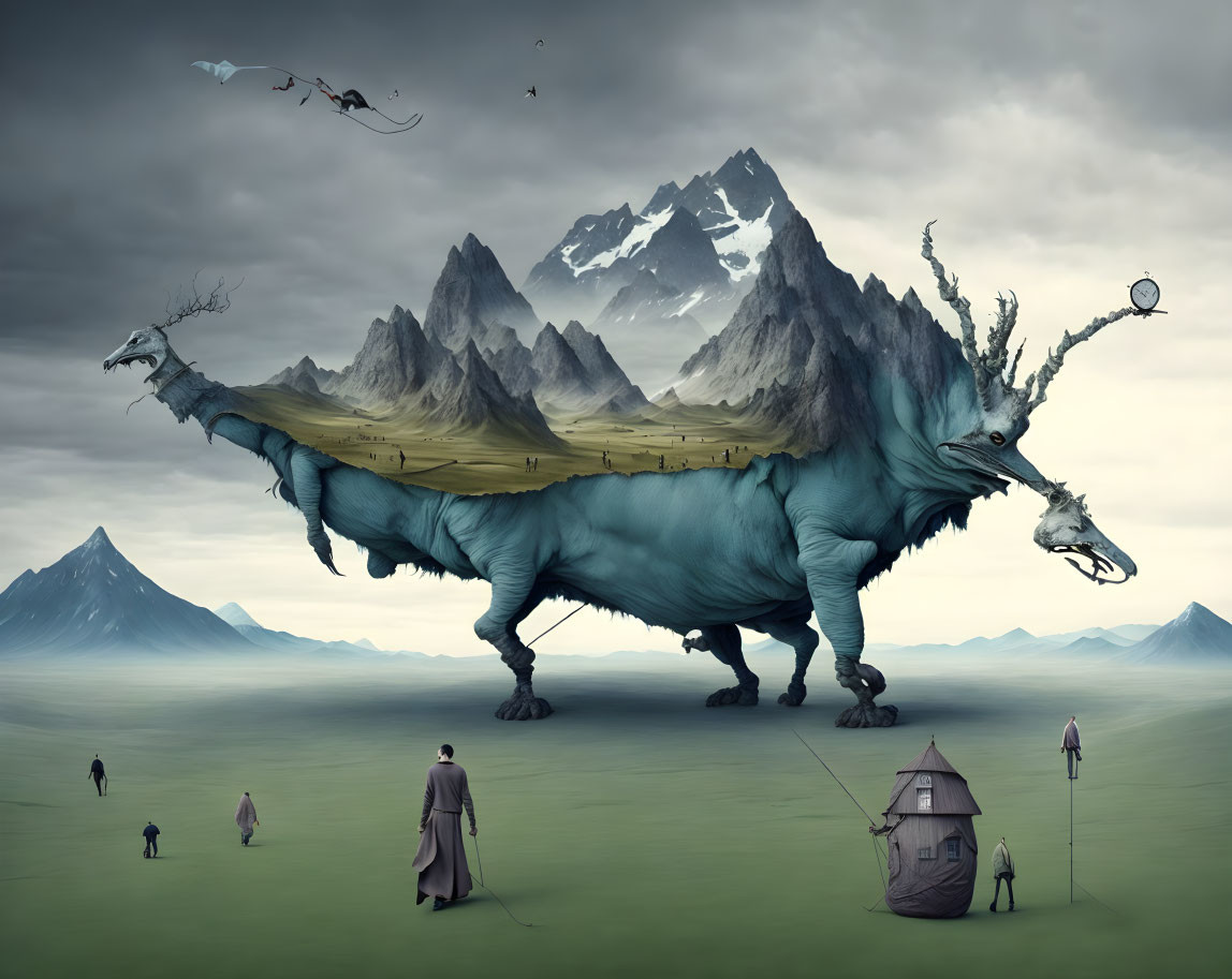 Blue creature with mountainous ridge in moody landscape with tiny humans and flying machines