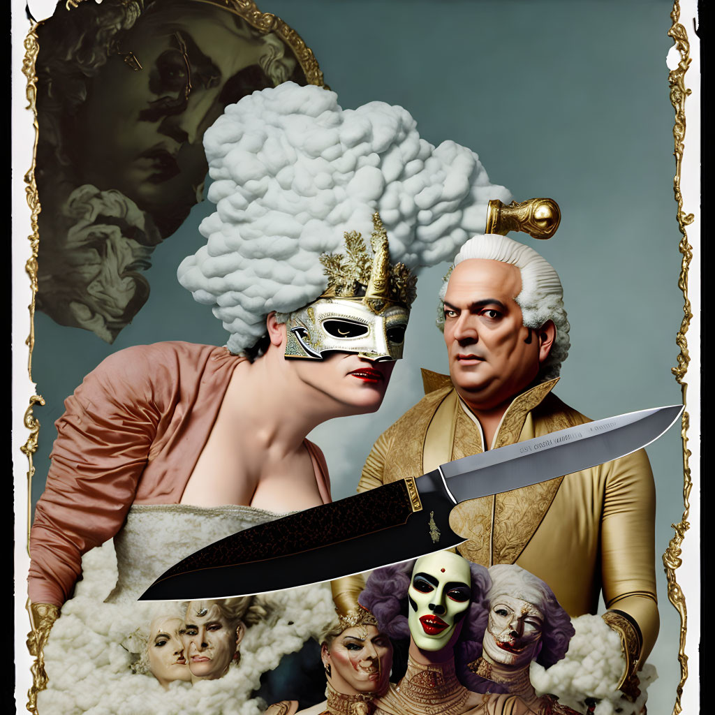 Baroque-style individuals with dramatic expressions and a large knife in hand.