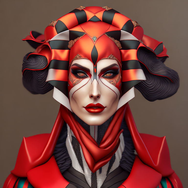 Stylized portrait of individual with red, black, and white makeup and ornate headpiece