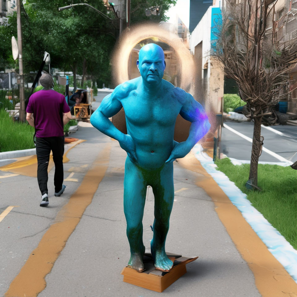 Blue humanoid figure with muscular build on wooden pedestal in city setting