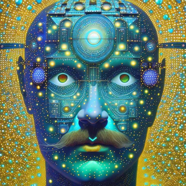 Colorful digital artwork of face with circuitry patterns and mustache on starry background