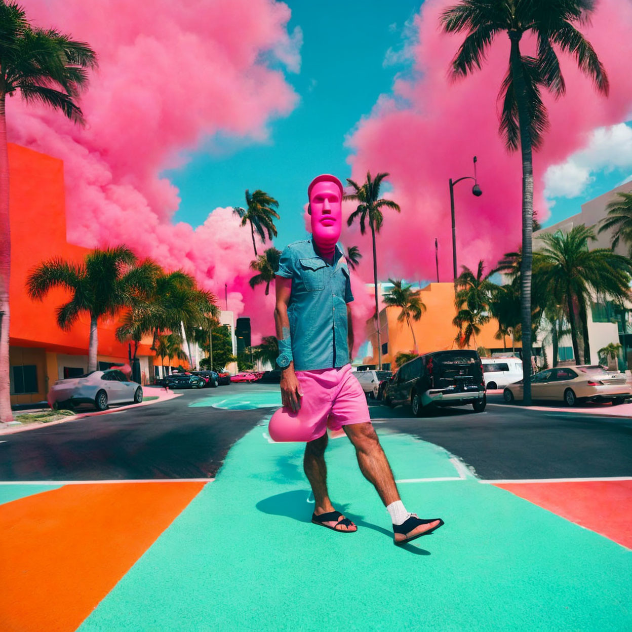 Colorful street scene: person in pink mask and shorts, pink clouds, palm trees, and cars