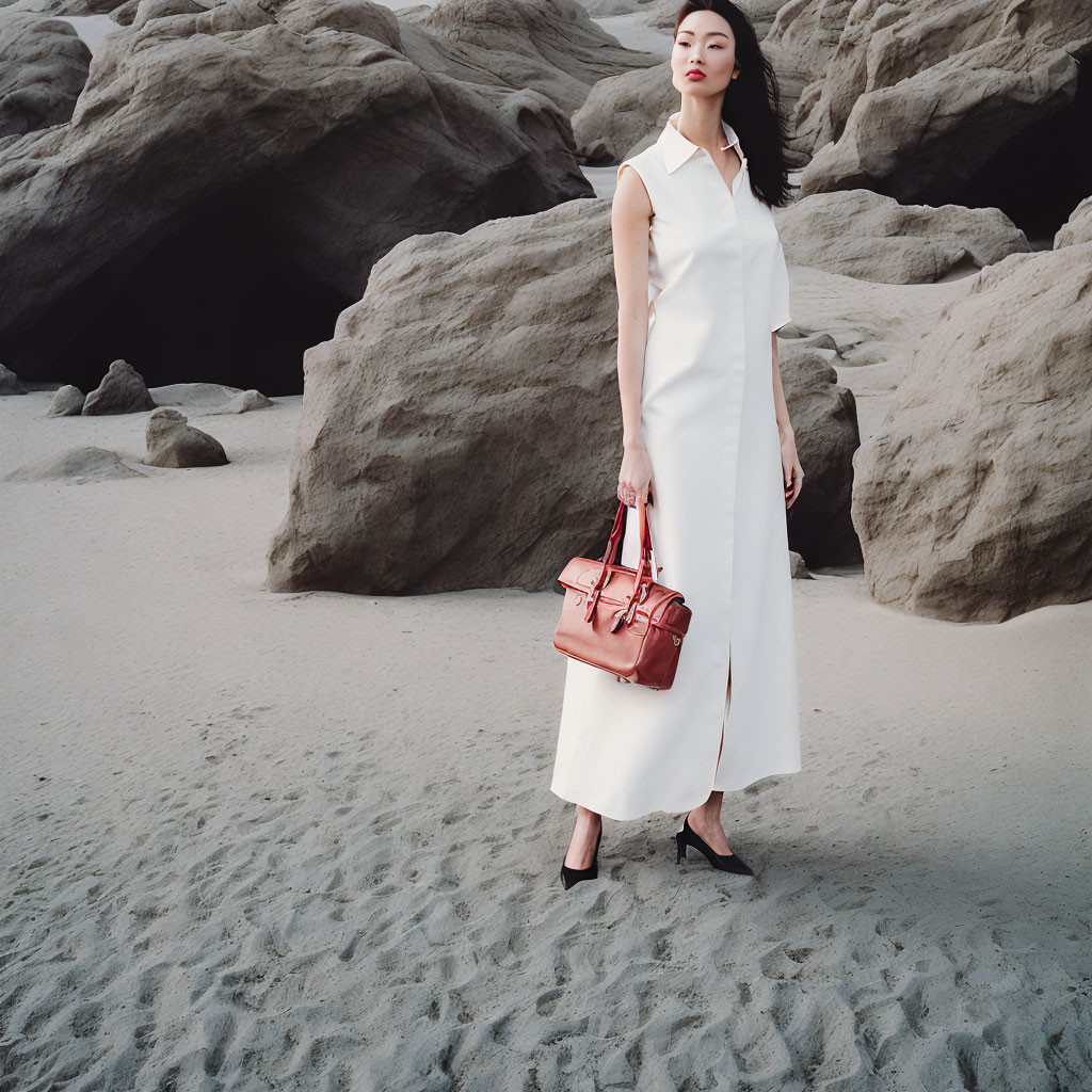 Woman in white dress and heels with red handbag on sandy beach with rocks