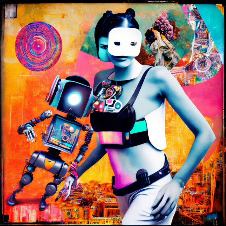 Colorful digital artwork: Female figure with robot arm and VR headset in surreal setting