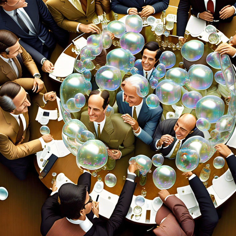 Group of Businessmen in Suits with Floating Bubbles Illustration