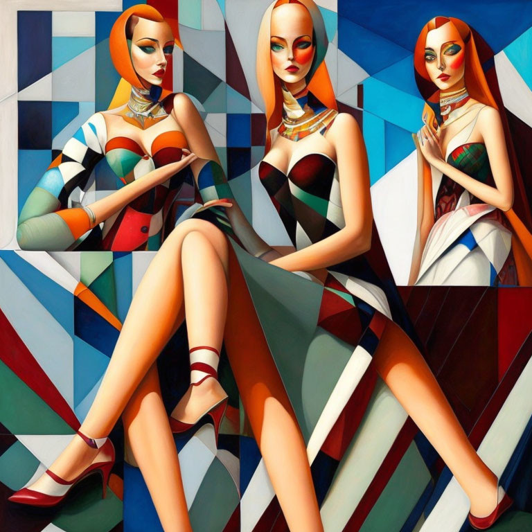 Abstract geometric female figures against cubist backdrop - bold colors and patterns