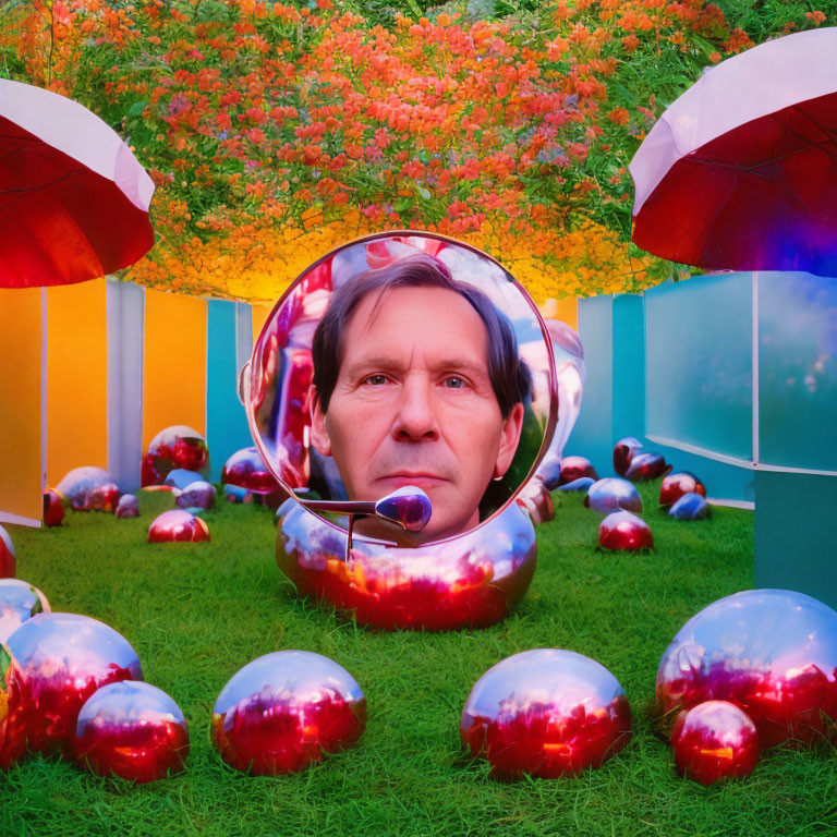 Surreal sculpture with reflective snail face, chrome spheres, and colorful umbrellas