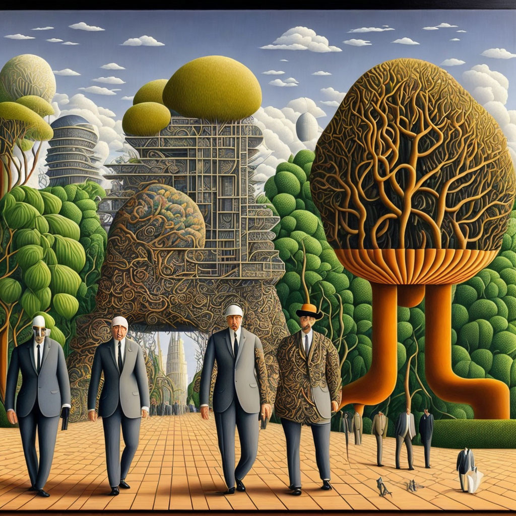 Surrealist artwork: Four businessmen with tree-like heads in a unique landscape