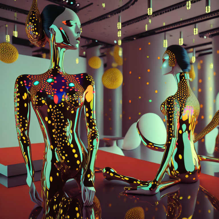 Futuristic room with glossy humanoid figures and illuminated orbs