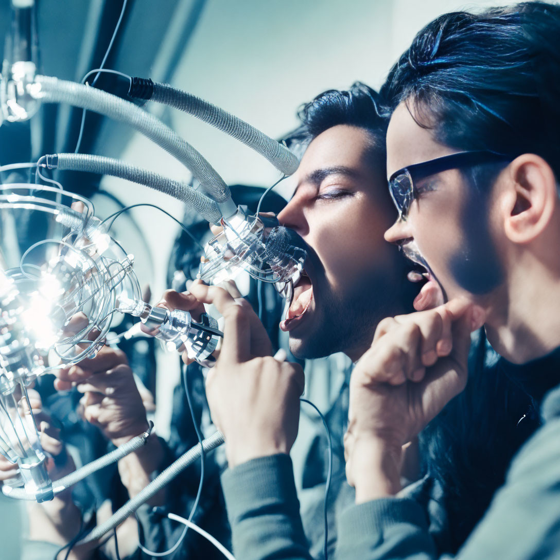 Two people engaging with futuristic metal sculpture in stylized setting