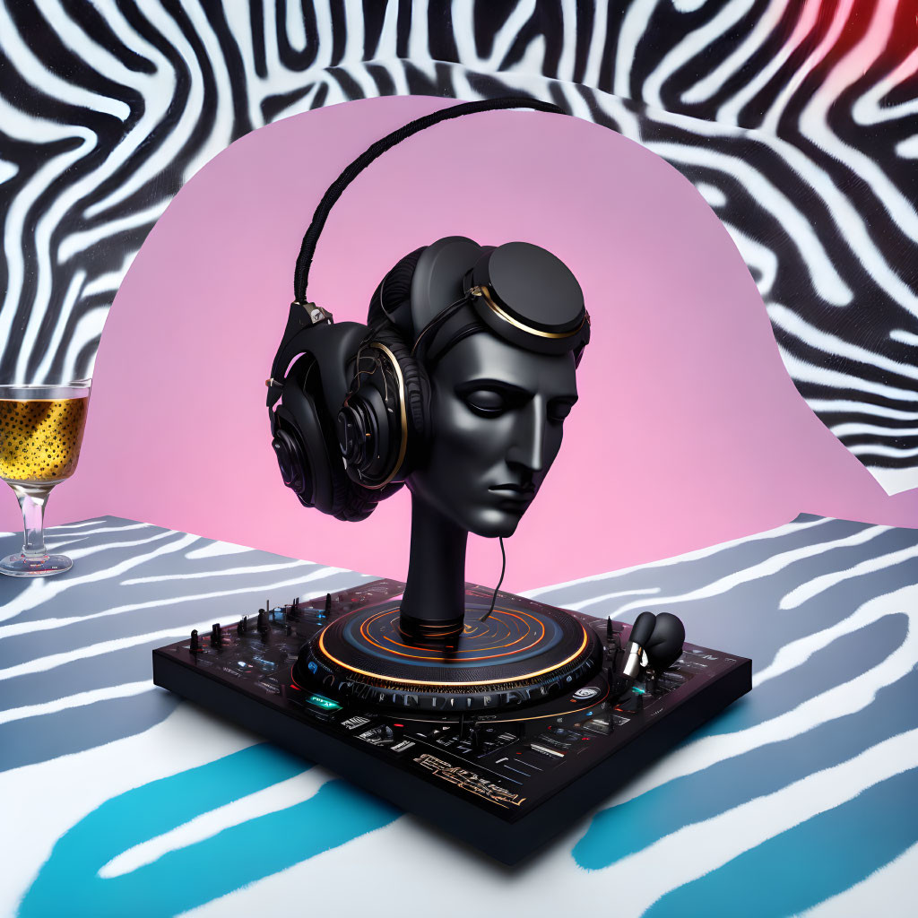 Mannequin head with headphones on DJ mixer against zebra-striped background