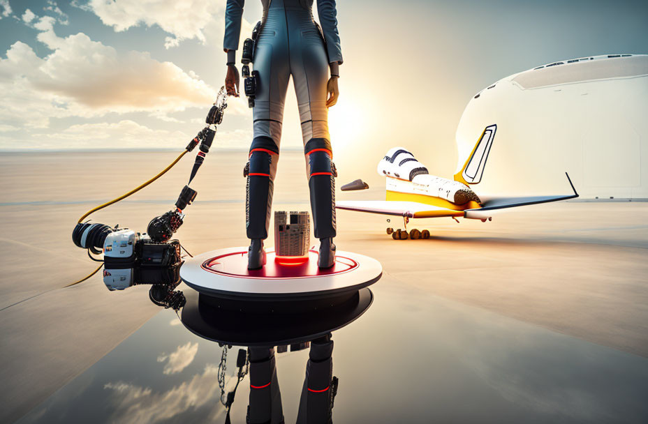 Robot with prosthetic arm on platform near private jet at sunset with cameras