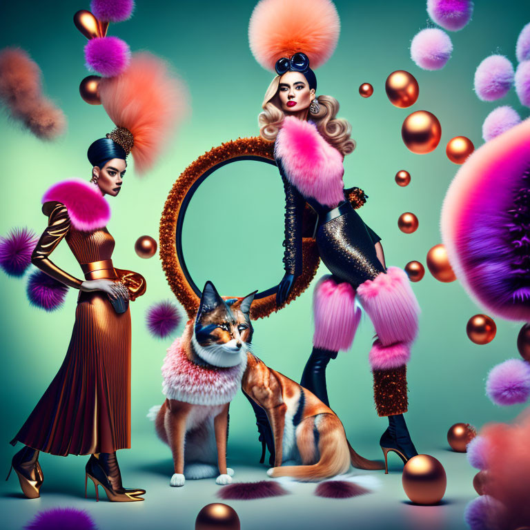 Two stylish women and a fox surrounded by pink puffs and bronze spheres on teal background