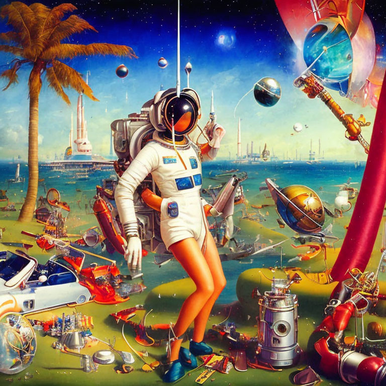 Astronaut dancing in surreal futuristic landscape