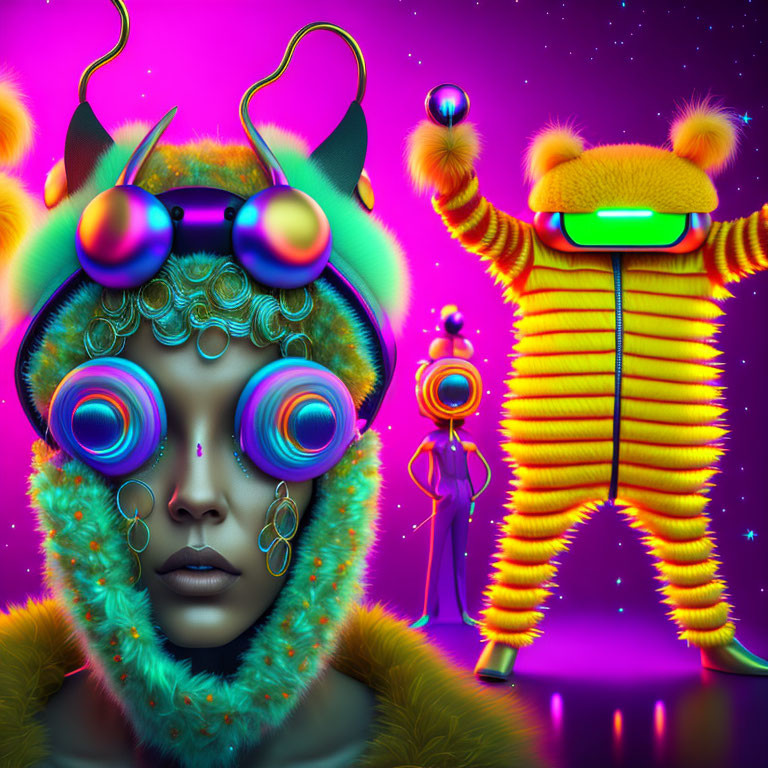 Colorful digital artwork: futuristic female figure, alien characters, neon-lit setting