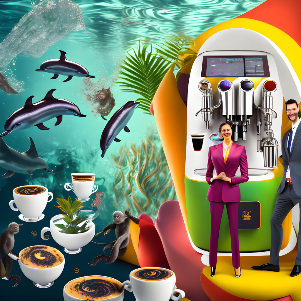 Dolphins, monkeys, giant coffee machine, and humans in underwater scene