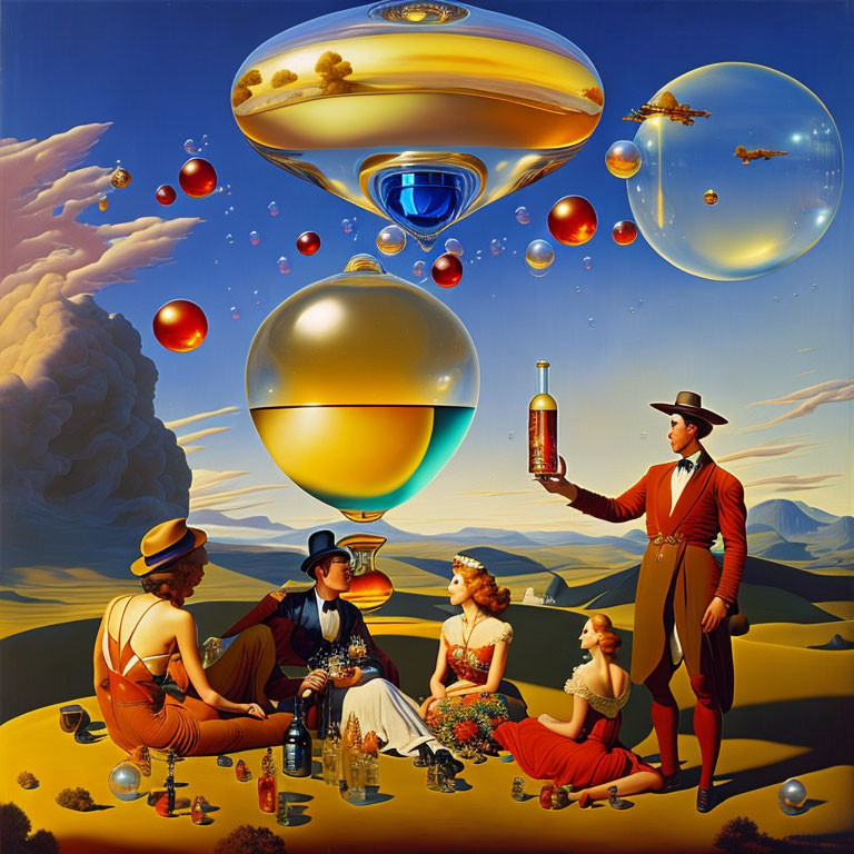 Surreal painting: People in 20th-century attire picnicking under floating spheres