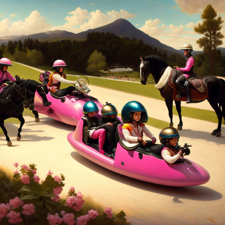 Equestrian and Motorsport Fusion: Pink Bob Sleighs Racing with Black Horse on Grassy