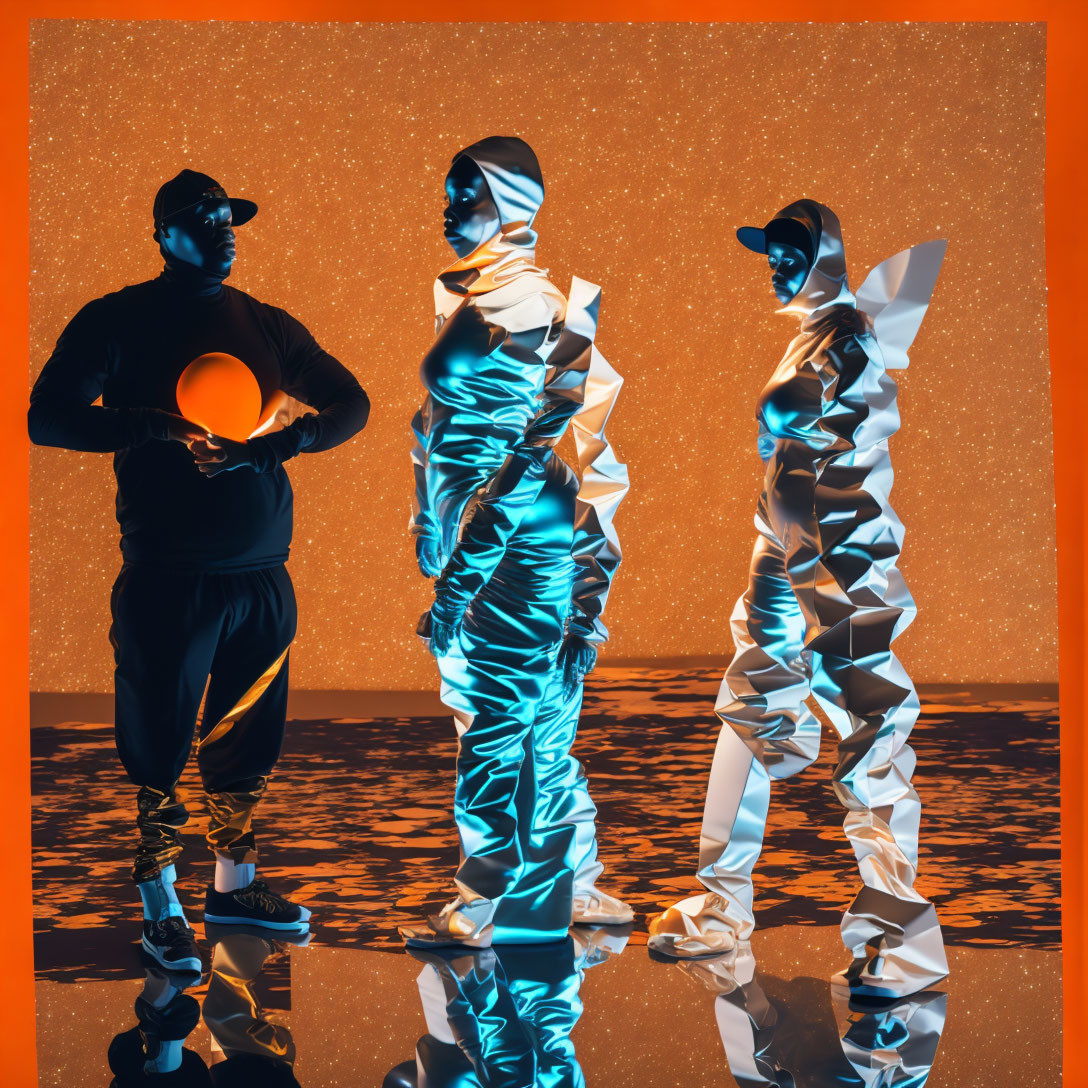 Three futuristic figures in reflective masks with glowing sphere on orange backdrop