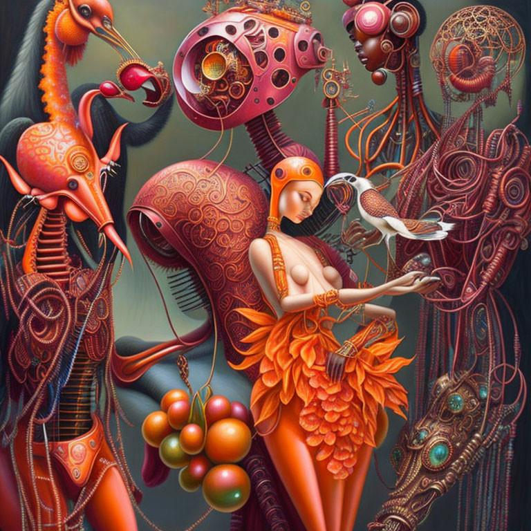 Surrealist artwork: Stylized woman with organic mechanical forms