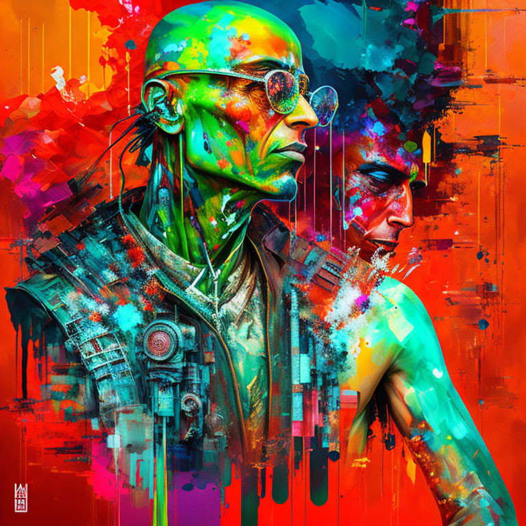 Colorful Cyborg Artwork with Abstract Explosions