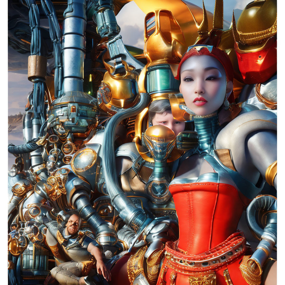 Futuristic sci-fi artwork with woman in red and gold outfit, man in mechanical suit, and