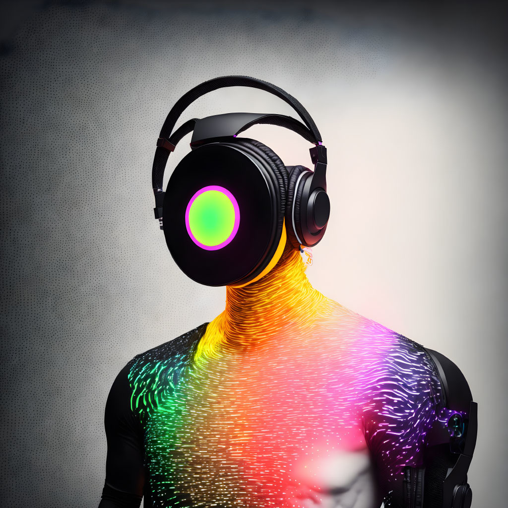 Colorful Digital Wave Pattern Body Art with Glowing Headphones