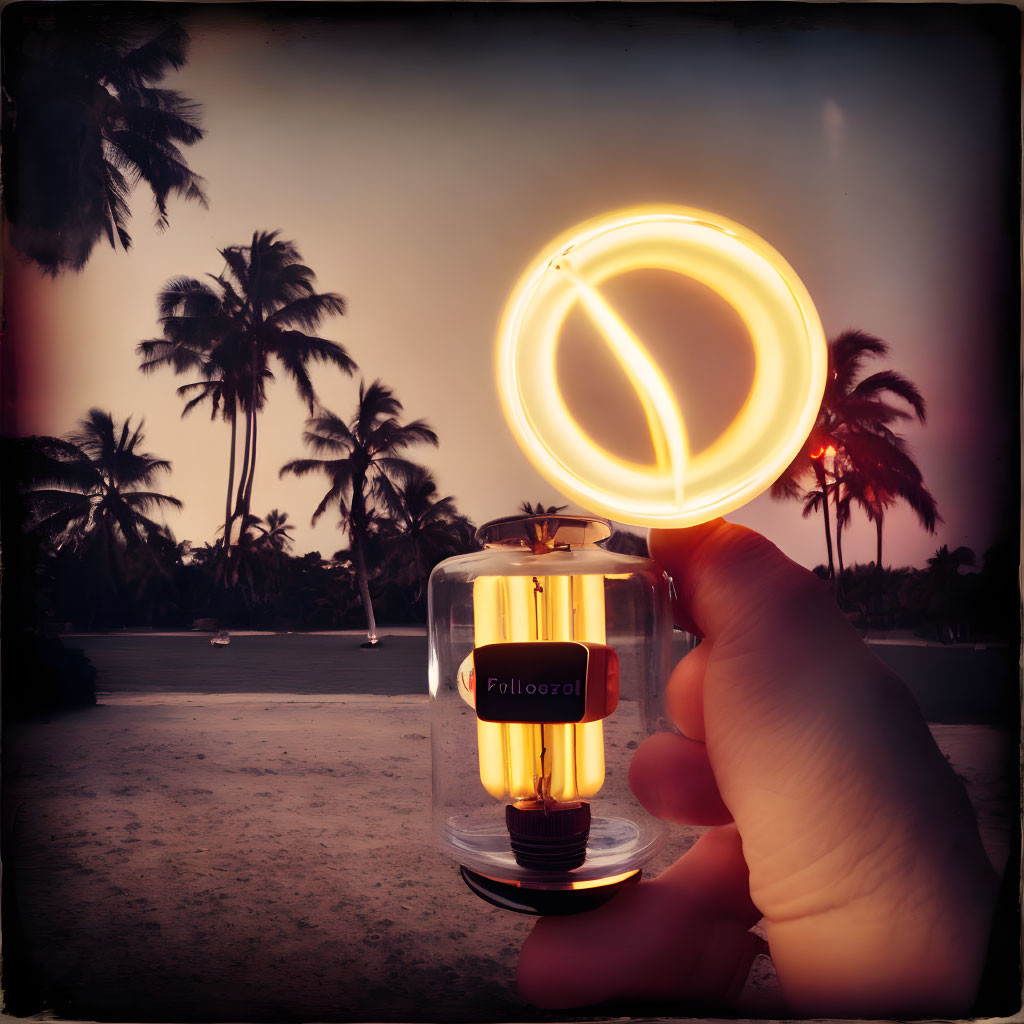 Unique Light Bulb Held Against Tropical Dusk Sky